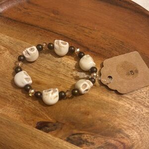 Brown and White Skull Bead Stretch Bracelet